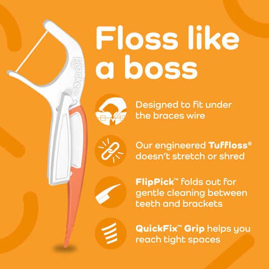 Floss like a boss. Designed to fit under the braces wire. Our engineered Tuffloss doesn't stretch or shred. FlipPick folds out for gentle cleaning between teeth and brackets. QuickFix Grip helps you reach tight spaces