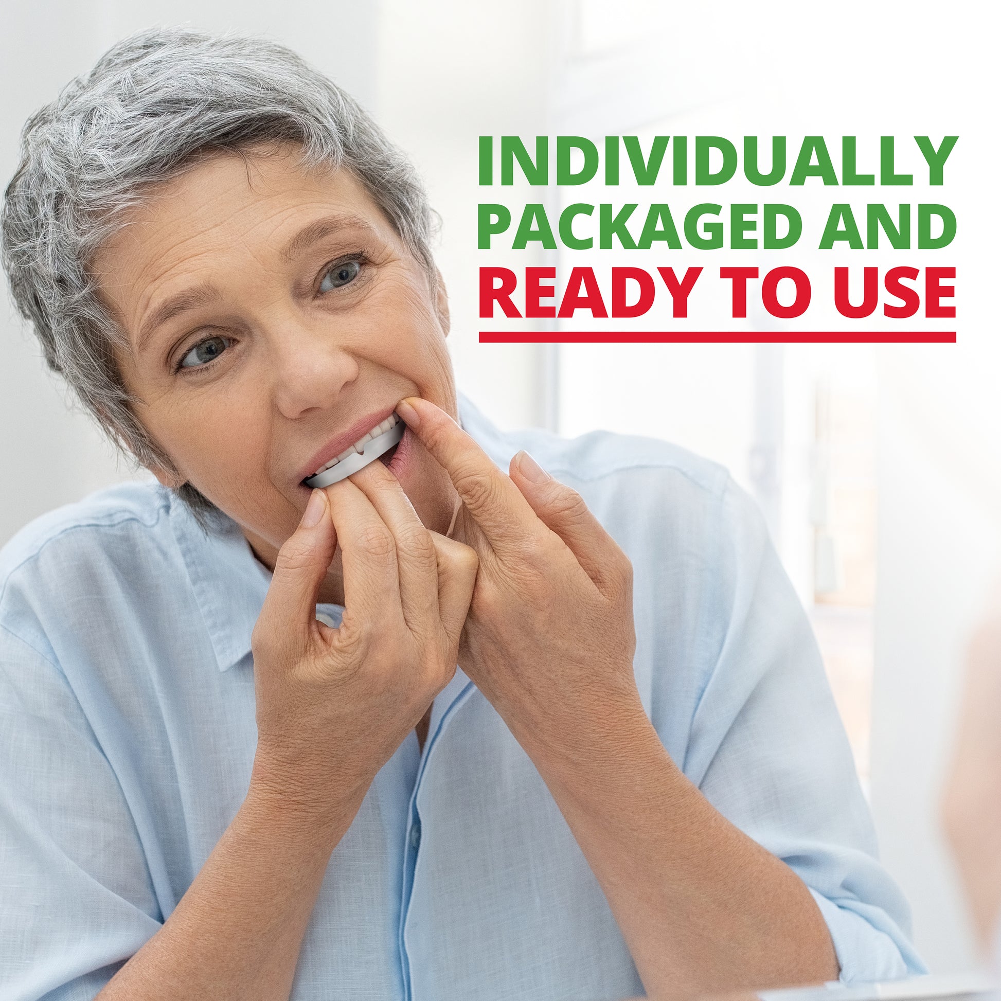 Individually Packaged and Ready to Use. Woman placing Plackers Grind No More Night Guard onto teeth