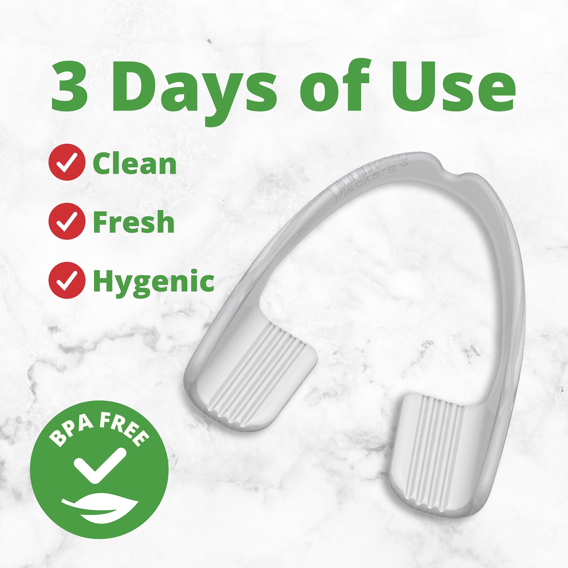 3 Days of Use. 3 red icons with checkmarks in them. 1. Clean 2. Fresh 3. Hygenic. Green icon with checkmark with copy BPA Free